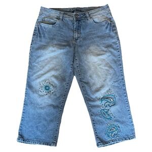 D.Jeans Pants Women's Blue Embroidered  Cropped Denim Jeans 30x22 Y2K